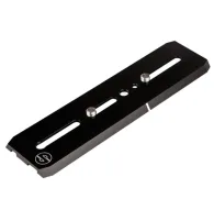 Sachtler Sideload Plate M, a black anodized aluminum tripod accessory featuring two elongated slots, two silver adjustment screws, and a compact design.Sachtler Sideload Plate M, a black anodized aluminum tripod accessory featuring two elongated slots, two silver adjustment screws, and a compact design.