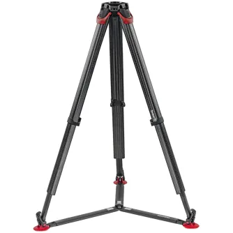 Sachtler flowtech 75 GS carbon fiber tripod with red quick-release brakes and foot pads, fully assembled for professional camera support.