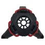 Sachtler Flowtech 75 mid-level spreader with red rubber handles and black hexagonal housing, featuring a central circular cutout with radial spokes, part of the carbon fiber tripod.
