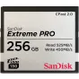 SanDisk Extreme PRO CFast 2.0 256GB memory card with 525MB/s read and 450MB/s write speeds, featuring a silver label, black housing, and CFast 2.0 branding.