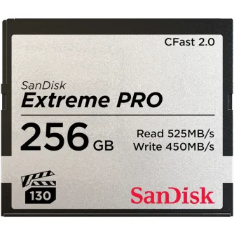 SanDisk Extreme PRO CFast 2.0 256GB memory card with 525MB/s read and 450MB/s write speeds, featuring a silver label, black housing, and CFast 2.0 branding.