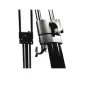 Close-up of the silver clamp and black hook on the black aluminum leg of the Second Wave Model 20 Teleprompter Tripod, showcasing its 20 kg payload capacity and fluid head design.