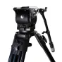Second Wave Model 13 teleprompter tripod with 13.6 kg payload, 100 mm bowl, pan-tilt movement, quick-release plate, and illuminated bubble level, featuring extendable legs and ground spreader.
