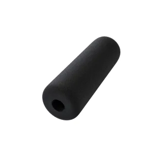 Black Sennheiser MZW 8018 foam windshield, cylindrical foam cover with central hole, isolated on white background, microphone accessory for Sennheiser MKH 8018 shotgun mic