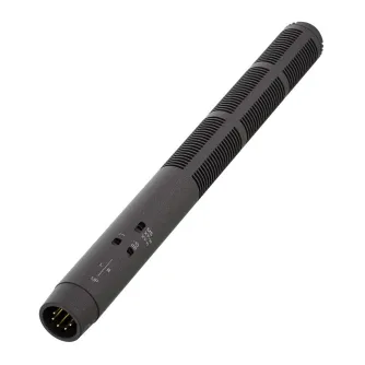 Sennheiser MKH 8018 shotgun microphone with black ribbed body, 5‑pin XLR connector and side switches for MS, XY-narrow, XY-wide, -10 dB pad and -3 dB low-cut filter