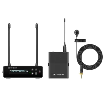 Sennheiser EW-DP ME4 SET bezvadu lavalier mikrofona sistēma, kurā ir divu antenu saņēmējs, bodypack raidītājs un ME 4 kardiogādu lavalier mikrofons ar izvaļītu kabeli, piemērota filmniekiem un satura veidotājiem.