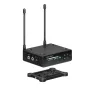 Sennheiser EW-DP ME4 SET wireless lavalier microphone system with dual telescopic antennas, digital display, control buttons, mic out jack, and USB power port.