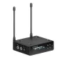 Sennheiser EW-DP ME4 SET portable digital UHF wireless lavalier microphone system with dual antennas, front LCD display showing battery level and time, and side input ports for mic out, USB power, and headphone.