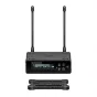 Sennheiser EW-DP ME4 SET wireless lavalier microphone system with dual-antenna receiver and LCD display, plus a detachable mounting plate with perforated design.