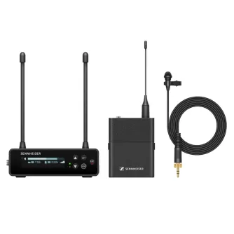 Professional Sennheiser EW-DP ME2 wireless microphone system with digital UHF transmitter, receiver, ME2 lavalier mic, and coiled cable