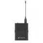 Sennheiser EW-DP ME2 wireless lavalier microphone transmitter with a compact black body, telescopic antenna, and front branding, ideal for filmmakers and broadcasters.