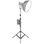 Professional photography light stand with softbox, adjustable height, and black aluminum tripod.