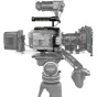 Shape Sony FX9 Camera Cage with Top Handle (FX9THC) mounted on a Sony FX9 camera, attached to a Cartoni C20 S tripod, featuring a top handle, side monitor, lens, and multiple mounting points against a clean white background.