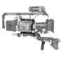 Professional Sony FX9 camera cage with baseplate, handle, and adjustable rods for secure mounting and accessory attachment.