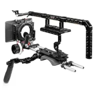 Complete Shape Sony FX9 camera cage with modular top handle, shoulder baseplate, and matte box for professional videographyComplete Shape Sony FX9 camera cage with modular top handle, shoulder baseplate, and matte box for professional videography