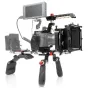Professional Blackmagic Pocket Cinema 4K/6K shoulder rig with CNC aluminum cage, wooden top handle, matte box, and shoulder mount for stabilized filming