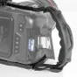 Shape Blackmagic Pocket Cinema Camera 4K/6K handheld cage with left-side wooden handle, padded strap, open side door revealing a Kingston 64 GB SD card, full access to camera controls and top cold shoe mount