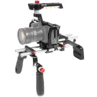 Shape Blackmagic Pocket Cinema 4K/6K offset shoulder mount kit with CNC aluminum cage, ergonomic top handle, adjustable 15mm rods, and padded shoulder support