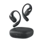 Shokz OpenFit 2+ Black open-ear headset with ergonomic hooks, featuring DualBoost™ technology and Dolby Audio for dynamic sound, along with a compact charging case.