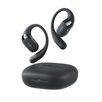 Shokz OpenFit 2+ Black open-ear headset with ergonomic hooks, featuring DualBoost™ technology and Dolby Audio for dynamic sound, along with a compact charging case.