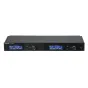 Shure SLXD4Q+ digital 4‑channel broadband receiver with Dante networking, front panel featuring dual LCD displays, a push knob, sync and exit buttons, and a power switch, designed for rack mounting.