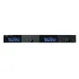 Shure SLXD4Q+ G65 Dante digital 4-channel wideband receiver with a digital display showing channel statuses, rotary knobs for gain control, and a power button, featuring a black metal casing and Ethernet connectivity.