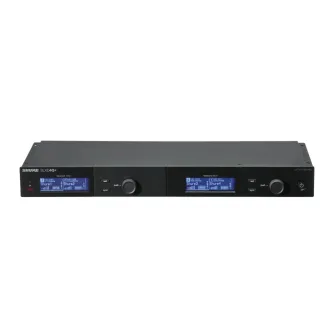 Shure SLXD4Q+ S50 digital 4‑channel broadband receiver front panel with dual LCD displays, control knobs, and power button, presented in a compact rack‑mount design.