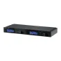 Front view of the Shure SLXD4Q+ digital 4‑channel broadband receiver, showing dual LCD screens, control knobs, and rack-mount chassis for professional wireless audio.