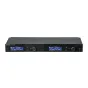 Shure SLXD4Q+ G65 digital 4-channel broadband receiver with two blue LCD displays showing channel information, two knobs, and power buttons, mounted in a rack with visible screws and antenna ports.