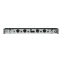 Rear view of Shure SLXD4Q+ G65 4-channel digital broadband receiver, showing antenna A and B connectors, cascade out, power input, four XLR outputs, 1/4" line outputs, mic/line/menu jacks, dual Ethernet ports, and rack-mount cha
