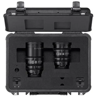 Sigma FF High Speed Zoom Set 18-35mm T2 & 50-100mm T2 EF-Mount lenses in a hard case with foam inserts, featuring engraved aperture scales and metal construction.