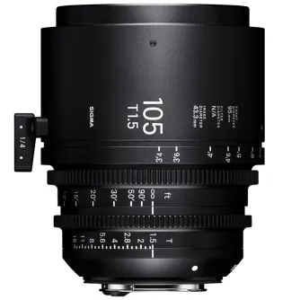 Объектив Sigma FF High Speed Prime 105mm T1.5 EF-Mount с масштабом диафрагмы от T1.5 до T16, индикаторами фокусного расстояния и матовой отделкой для профессиональной кинематографии.