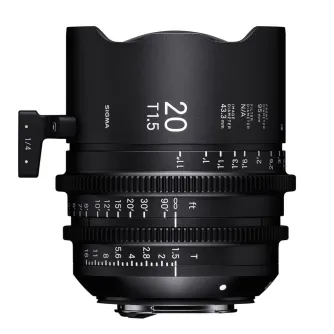 Close-up of Sigma FF High Speed Prime 20mm T1.5 E-Mount cine lens featuring white text markings for focal length and aperture range. Lens support foot attached, front element visible against a plain white background.