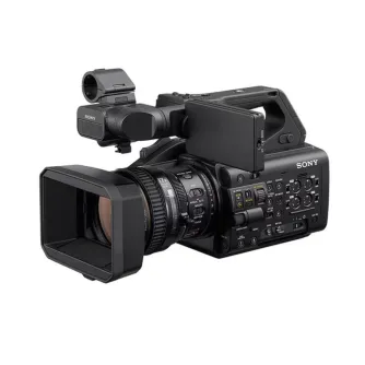 Sony PXW-Z300 professional camcorder with 17x zoom lens, lens hood, side control panel, and top-mounted viewfinder against a white background