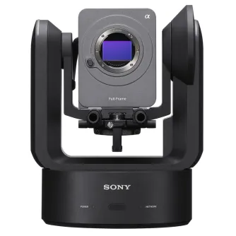 Sony FR7 Cinema Line 4K Full-frame PTZ Camera mounted on a black tripod base with a silver lens mount and visible purple sensor, featuring labeled buttons for 'POWER' and 'NETWORK'.