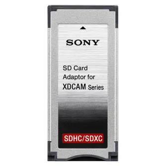 Sony MEAD-SD02 SD card adaptor with a silver metallic body and black edges, featuring the Sony logo and product specifications, designed for XDCAM EX camcorders, supports SDHC/SDXC media.