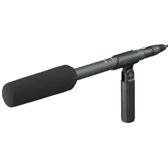 Sony ECM-674 shotgun microphone with foam windscreen and adjustable stand for professional audio recording