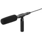 Sony ECM-673 shotgun microphone with foam windscreen and adjustable stand, ideal for professional audio recording