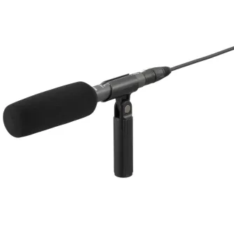 Sony ECM-673 shotgun microphone with foam windscreen and adjustable stand, ideal for professional audio recording