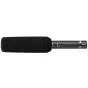 Sony ECM-673 shotgun microphone with foam windscreen, shown in side view, highlighting its compact design and low-noise electret capsule for HDV camcorder use.