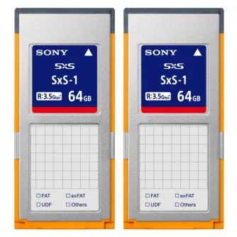 Sony SxS-1 64GB memory card set of 2, front view, silver and orange design, 3.5 Gbps read speed, rugged memory card for XDCAM EX cameras