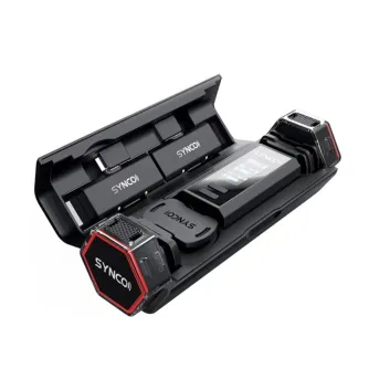 SYNCO G4 wireless microphone system in its open charging case, featuring two hexagonal transmitters with red accents and three receivers, highlighting the compact design and 2.4 GHz connectivity.