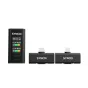 SYNCO G4 wireless lavalier microphone system featuring a black receiver with an LCD screen, audio level meters, and two compact transmitters with magnetic clips.