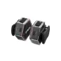 SYNCO G4 wireless lavalier microphone transmitters in a clear hexagonal case with black mounting clamps, side view showing control buttons and SYNCO branding