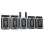 SYNCO XVision HD wireless video transmission system with one transmitter and four receivers, each displaying 1080p60 on a compact screen and featuring foldable antennas