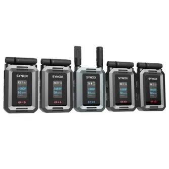 SYNCO XVision HD wireless video transmission system with one transmitter and four receivers, each displaying 1080p60 on a compact screen and featuring foldable antennas