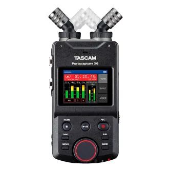 Tascam Portacapture X6 High-Resolution Multi-Track Recorder with adjustable condenser microphones and a 2.4-inch color touchscreen