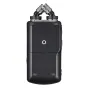 Back view of a black Tascam Portacapture X6 handheld recorder featuring two silver XLR input ports and a circular logo, with a textured surface, rubberized edges, and a USB port on the side.