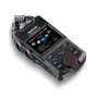 Черный Tascam Portacapture X6 портативный многотрековый рекордер с 2,4-дюймовым цветным сенсорным экраном, отображающим иконки приложений, контроллером с красным кольцом, XLR-входами и встроенными конденсаторными микрофонами, ид