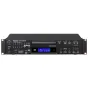 Tascam CD-200SB rack-mount audio player with front panel controls, blue LCD display, CD tray, USB and SD inputs, and balanced XLR outputs.